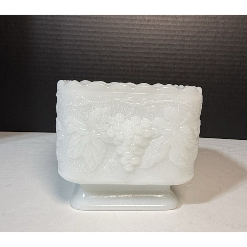 Vintage Anchor Hocking White Milk Glass Footed Square Candy Dish Harvest Grapesβ